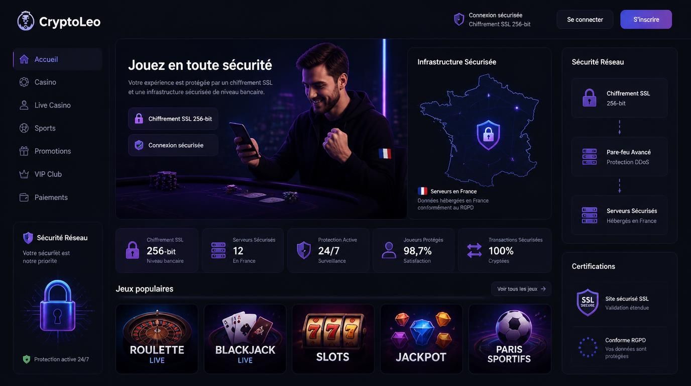Image montrant la sécurité réseau, le chiffrement et la protection des données chez Cryptoleo Casino