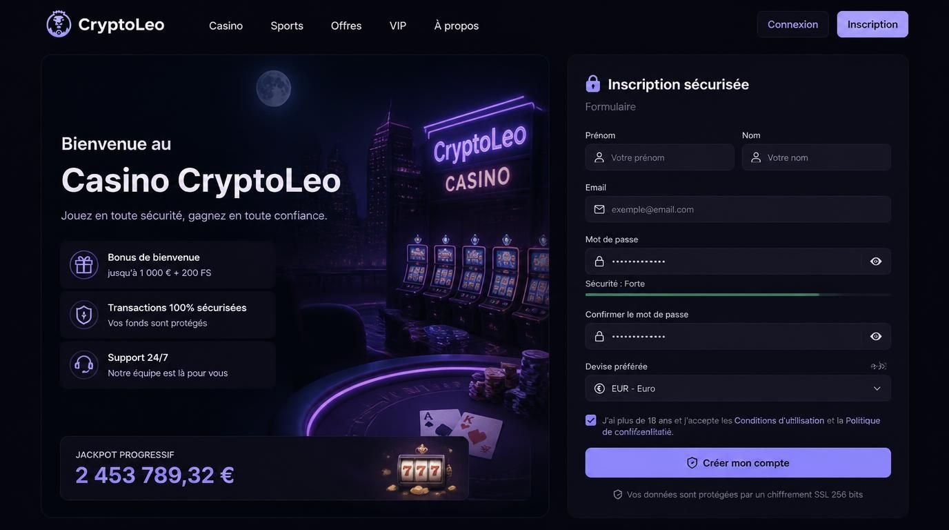 Image illustrant une inscription sécurisée en mode nuit chez Cryptoleo